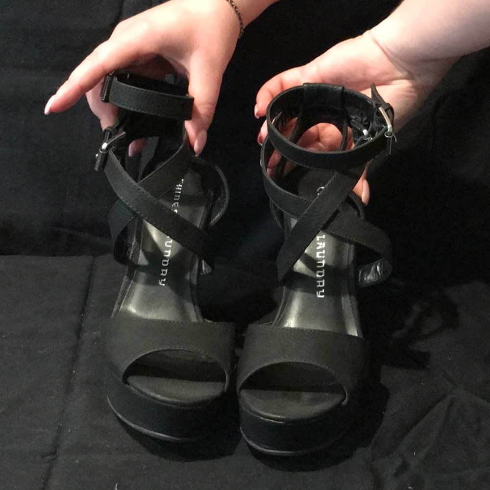 Black Strappy Faux Leather Wedges